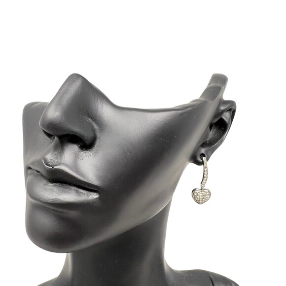 Heart Earrings Drop Pave Clear‎ Crystals Silver Tone Post Back 1" - Picture 4 of 4